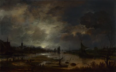 Ein Fluss in der Nähe einer Stadt bei Mondschein, ca. 1645