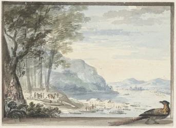 Flusslandschaft mit einem Huhn im Vordergrund
