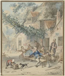 Fröhliche Gesellschaft bei einem Gasthaus