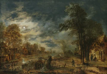 Mondscheinlandschaft mit einem Dorf