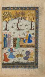 Seite aus einem unidentifizierten Text; verso: Ein Prinz auf dem Thron umgeben von Dienern, Herat, Afghanistan, ca. 1425-30