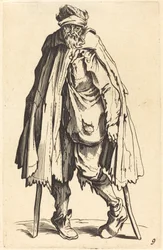 Bettler mit Krücken und Sack