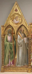 Heiliger Andreas und Heiliger Benedikt mit dem Erzengel Gabriel [linkes Panel], kurz vor 1387