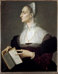 Porträt der italienischen Dichterin Laura Battiferri, die die Sonette von Petrarca liest
