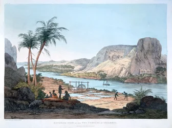 Außenansicht der beiden Tempel von Ybsambul, Ägypten, 1820