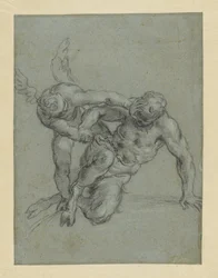 Amor überwältigt Pan (recto); Kopf eines Mönchs; Karikatur eines Mannes im Profil (verso)