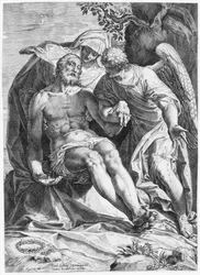 Pieta, Christus unterstützt von der Jungfrau und einem Engel rechts, 1582