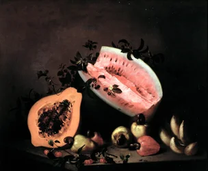 Stillleben mit Papaya, Wassermelone und Cashew