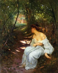 Eine junge Frau sitzt auf einem bewaldeten Pfad, 1908