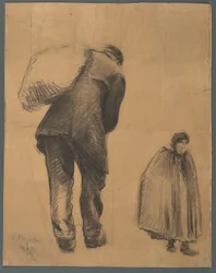 Studie eines von hinten gesehenen Mannes, der einen Sack trägt, und einer Frau mit Kapuzenmantel