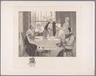 Gesellschaft von Frauen in Tracht am Tisch