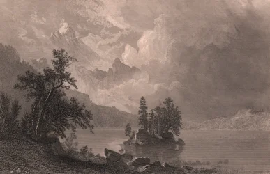 Ansicht des Lake Esther, Sierra Nevada, Kalifornien, Vereinigte Staaten, Stahlstich von Robert Hinshelwood nach einem Gemälde von Albert Bierstadt, ca. 19x14 cm