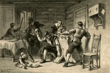 Puritaner verbarrikadieren ihr Haus gegen Indianer, 1877