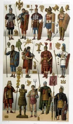 Kostüme, Rüstungen und Waffen römischer Soldaten, Krieger und Gladiatoren der Antike - in „Le costume historique“ von Racinet
