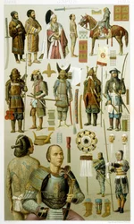 Japanische Kriegerkostüme (Samoura oder Yakuza). Chromolithographische Tafel - in „Le costume historique“ von Racinet