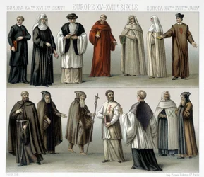 Mönchskostüme in Europa vom 15. bis zum 18. Jahrhundert. Illustration in „Le costume historique“ von Racinet