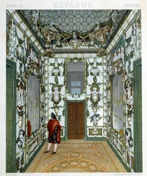 Ansicht eines Mannes im Königspalast von Madrid. Chromolithographische Tafel - in „Le costume historique“ von Racinet