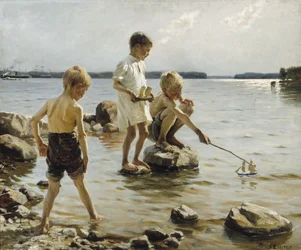 Jungen spielen am Ufer / Kinder spielen am Ufer