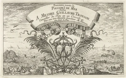 Meeresansicht durch ornamentales Wappen (Serie: Fische und andere Meerestiere - Salzwasser dritte Reihe, Poissons de mer)