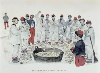Der Kreis der Kartoffeln (Schälchor) - aus „Mes campagnes“, Zeichnung von Guillaume, Paris, herausgegeben von Simonis Empis