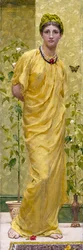 Rhapsodie in Gelb mit Schmetterling. Junge, in Gelb drapierte Frau. Gemälde von Albert Joseph Moore (1841-1893) (Präraffaelit). Privatsammlung