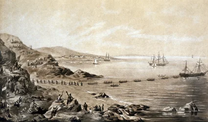 Installation des ersten transatlantischen Telegraphenkabels zwischen Irland und Kanada (1857) Gravur von Albert Kruger ca. 1870
