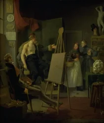 Ein Mädchen verkauft Obst im Atelier eines Künstlers