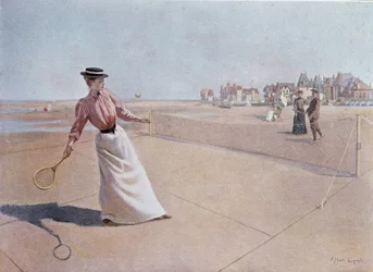 Amateur-Tennismatch am Strand - Zeichnung, 20. Jahrhundert