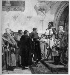 Renaud de Bourgogne gibt den Bürgern von Belfort die Freiheitsurkunde. Da er Geld für seinen Krieg gegen Kaiser Rudolf I. des Heiligen Römischen Reiches benötigte, befreite Renaud de Bourgogne (gestorben 1321) die Stadt Belfort 1307 gegen eine Gebühr