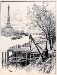 Beginn der Bauarbeiten zur architektonischen Rekonstruktion des mittelalterlichen Alt-Paris am Ufer der Seine für die Weltausstellung 1900