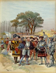 Fünfter Italienischer Krieg (1515-1516): Im Lager vor der Bicocca (Bicoque) vor Mailand (Italien) im Jahr 1516 forderten die Schweizer Soldaten Bezahlung, Urlaub oder Kampf. Odet de Foix, Vicomte de Lautrec, Marschall von Frankreich (1485-1528) konnte sie 