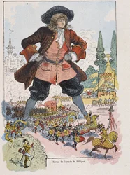 Gulliver bei der Lilliput-Armeeparade - in „Gullivers Reisen“ von Swift, ill. von Robida