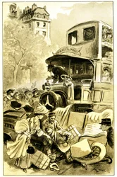 Illustration von Albert Robida für Leon Berthaults Buch „Le record du tour du monde“, Ausgabe Mame Anfang des 20. Jahrhunderts (1911) - ein Verkehrsunfall in Paris um 1900: Auto von einem Omnibus angefahren. Der Fahrer ist verletzt
