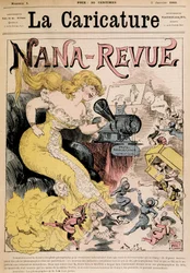 Nana-Revue: Karikatur über Zola und sein Werk „Nana“ von Robida - in „La Caricature“ vom 03.01.1880