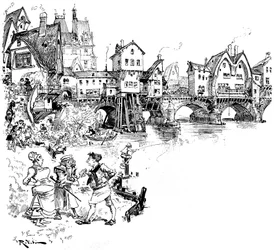 Paris: die Seine, Brücke mit Häusern, Bewohner, Pariser, Szenen des Pariser Lebens im Mittelalter - Architektur - städtischer Lebensraum - Fluss - Illustration von Albert Robida (1848-1926)