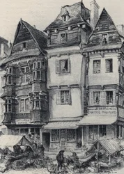 Marktplatz in Lannion - Altes Frankreich - Bretagne - Text, Zeichnungen und Lithographien von Albert Robida (1848-1926) undatiert Ende 19. Jahrhundert