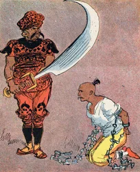 Der Sultan befiehlt, Aladins Kopf abzuschlagen Illustration von Albert Robida für das Märchen „Aladin und die Wunderlampe“ in „Tausendundeine Nacht“