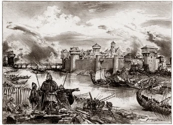 Die Wikinger, normannische Piraten unter dem Befehl ihres Anführers Siegfried, belagern Paris