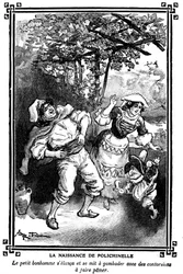 Die Geburt von Polichinelle. Zeichnung von Albert Robida (1848-1926) in einem Kinderlesebuch 1920-1930