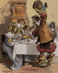 Die Schüchternheit von Kapitän Bellormeau - "Hier ist ein ausgezeichnetes Dessert", sagt Kapitän Hurtebise. Charakter aus dem Buch von Albert Robida. Titelblatt "Der kleine Franzose illustriert" vom 03.03.1900