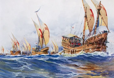 Französische Schiffe von König Ludwig IX. während des achten Kreuzzugs im Jahr 1268, Aquarell von Albert Sebille (1874-1953)