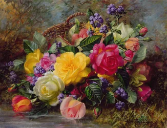 Rosen an einem Teich auf einer grasbewachsenen Böschung