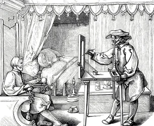Holzschnittgravur, die einen Künstler zeigt, der ein Zeichenhilfsmittel verwendet, um die Proportionen eines Porträts korrekt zu erfassen. Gravur von Albrecht Dürer (1471-1528)