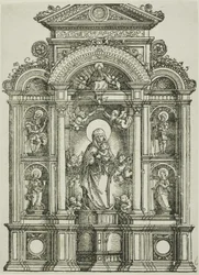 Altarbild mit der Schönen Madonna von Regensburg und den Heiligen Christophorus, Maria Magdalena, Florian und Katharina in Nischen, mit Gottvater darüber