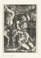 Satyr und ein Mann kämpfen um eine Frau