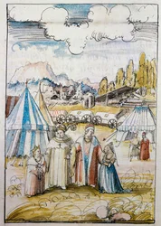 Der zukünftige Kaiser Maximilian I., geführt von seinem Vater Friedrich III., trifft seine Braut Maria von Burgund in Neuss