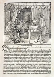 Künstler, der Dürers Zeichenmaschine verwendet, um eine Figur zu zeichnen, aus dem „Lehrgang in der Kunst des Zeichnens“ von Albrecht Dürer, veröffentlicht in Nürnberg 1525