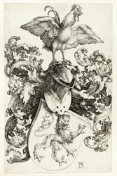 Wappen mit Löwe und Hahn