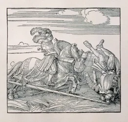 Kaiser Maximilian I. von Deutschland (1459-1519) stößt einen Gegner in einem Turnier vom Pferd, aus einem unveröffentlichten Buch, das die ritterlichen Taten des Kaisers verherrlicht, ca. 1515