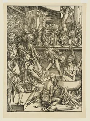 Der versuchte Märtyrertod des heiligen Johannes in einem Kessel mit brennendem Öl unter Domitian
